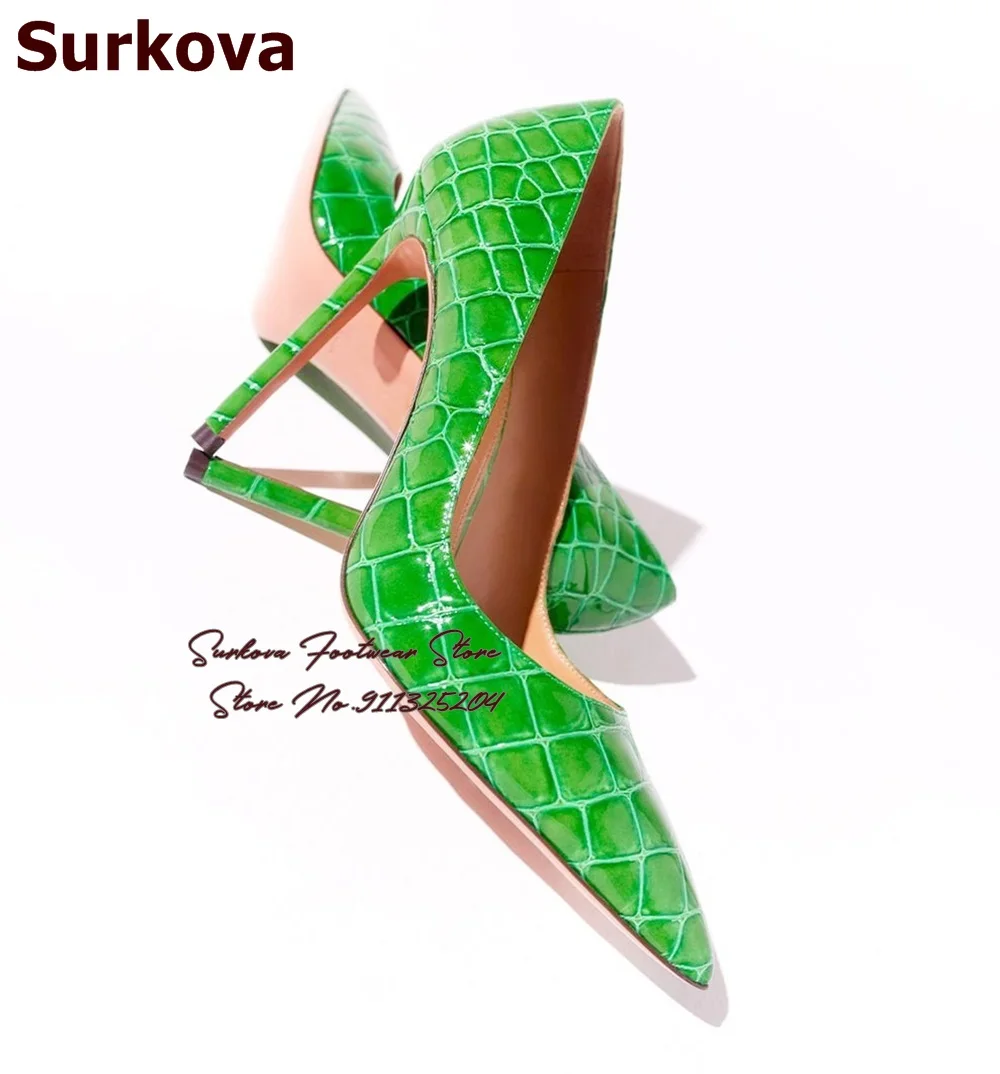 Surkova Green Yellow Blue Crocodile High Heel Shoes 12cm 10cm 8cm Stilettos Pointed Toe Dress Pumps Snakeskin Shallow Heels