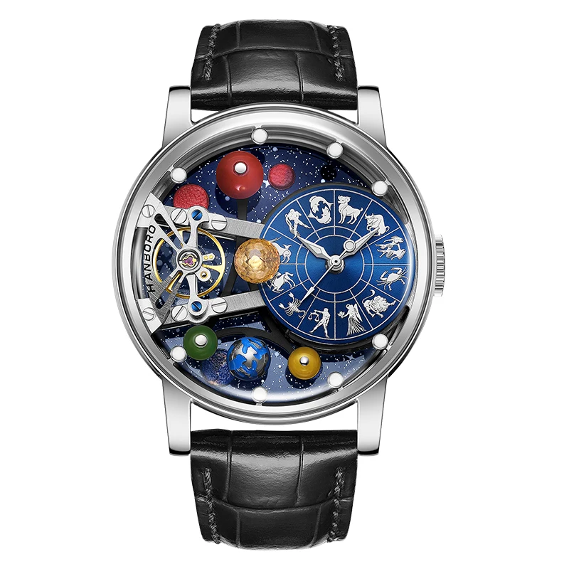 

HANBORO Men Automatic Watch 43.5MM Mechanical Wristwatch Rotatable Backgroud Agate Pearl Nine Planets 12 Constellation Dial