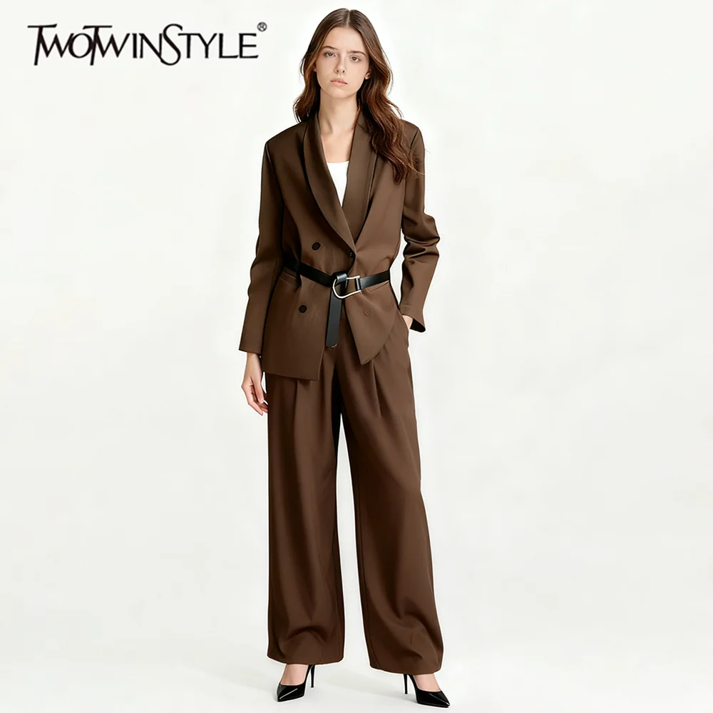 TWOTWINSTYLE الصلبة فضفاض قطعتين مجموعات للنساء التلبيب طويلة الأكمام تقسم مزدوجة الصدر السترة واسعة الساق مجموعة بناطيل رجالي أنثى جديد