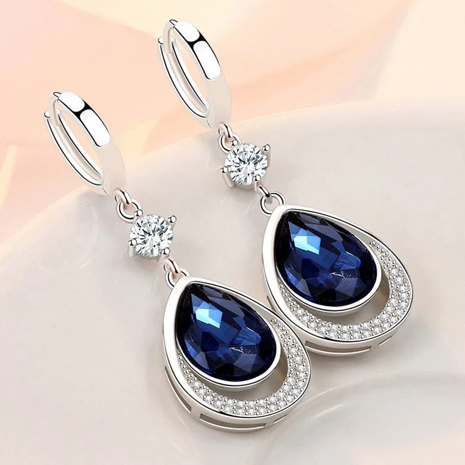 ALIZERO 925 Sterling Silver Water Drop Sapphire Drop Earrings For Women Wedding Banquet Party Gift Fashion Charms Jewelry