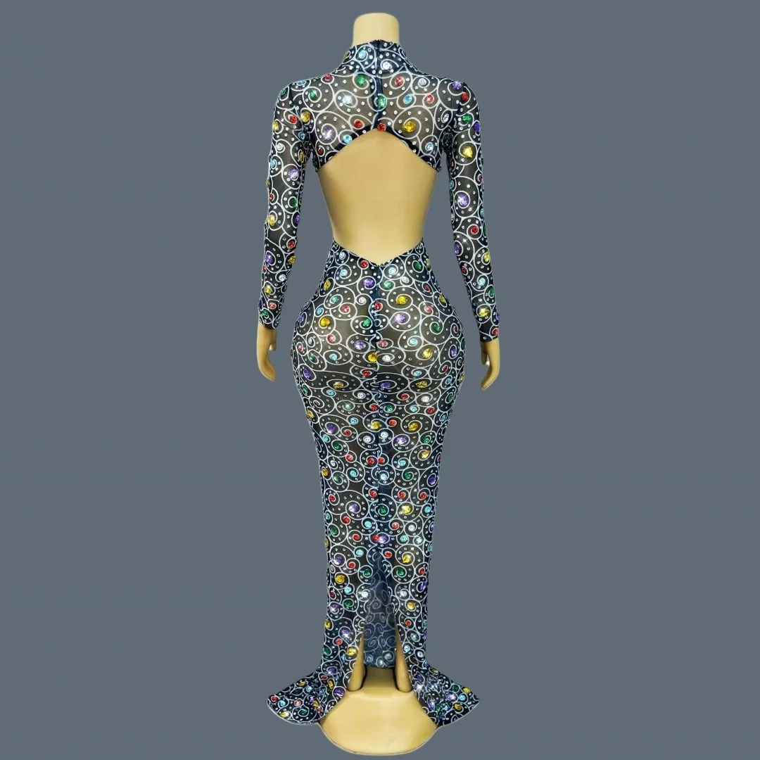 럭셔리 컬러풀 크리스탈 이브닝 가운 우아하고 화려한 여성 갈라 프롬 레드 카펫 로우 백 시어 메쉬 롱 드레스 맨한취안시