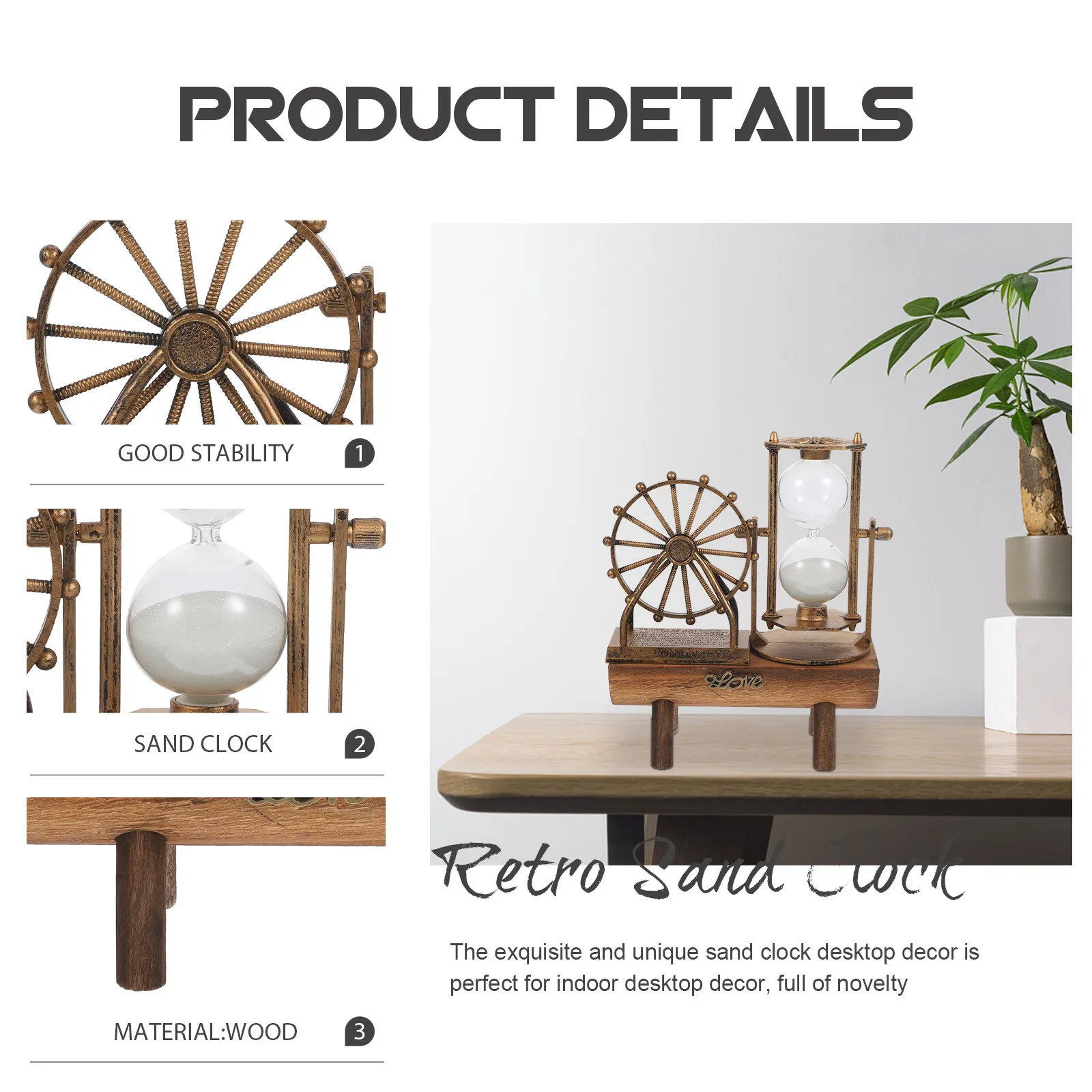 

1 шт. Деревянные песочные часы в форме колеса обозрения, ретро-винтажный декор для рабочего стола, украшение для дома, гостиной, офиса, маленький размер