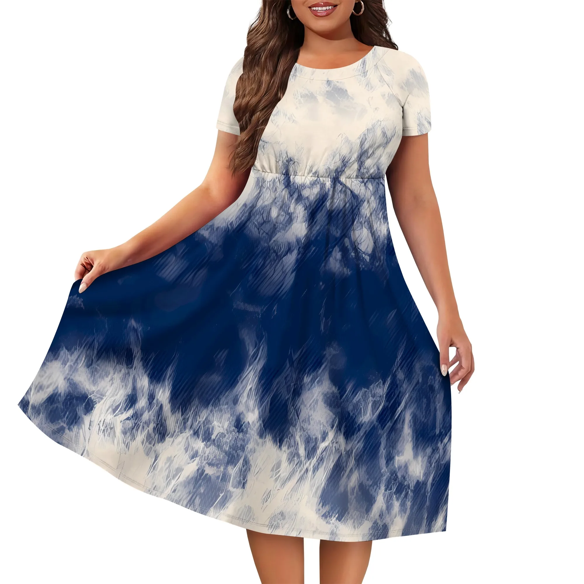 EQQZD Sukienki damskie w stylu boho z nadrukiem tie-dye, letnie, luźne sukienki z krótkim rękawem i okrągłym dekoltem