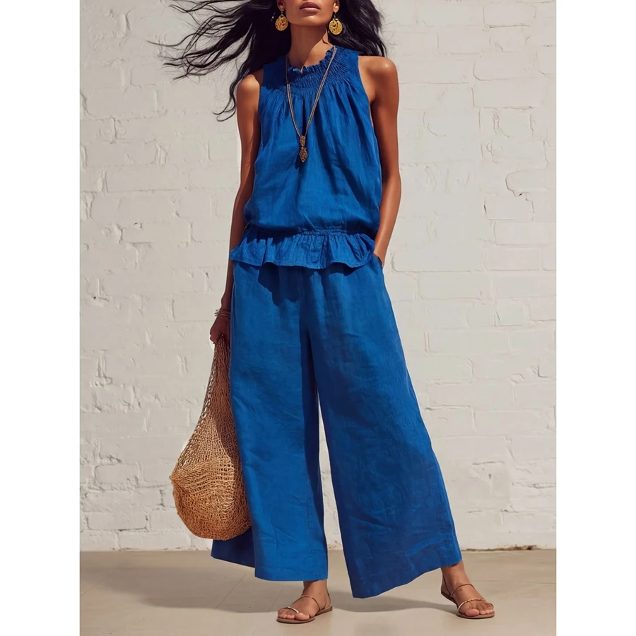 Women 2Piece Outfits Set Sleeveless Smocked Neckline Ruffle Hem Flare Tank Tops and Elastic High Waist Wide Leg Pants