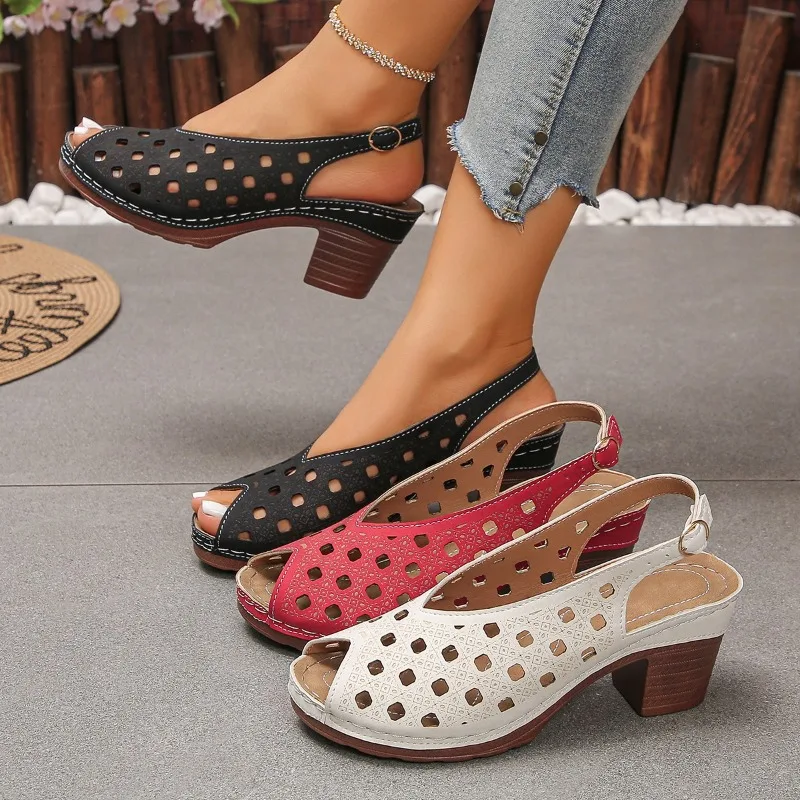 

Women's Cutout Fish Mouth Shoes New Summer Round Toe Open Toe Slip Strap Soft Leather Soft Sole Sandals