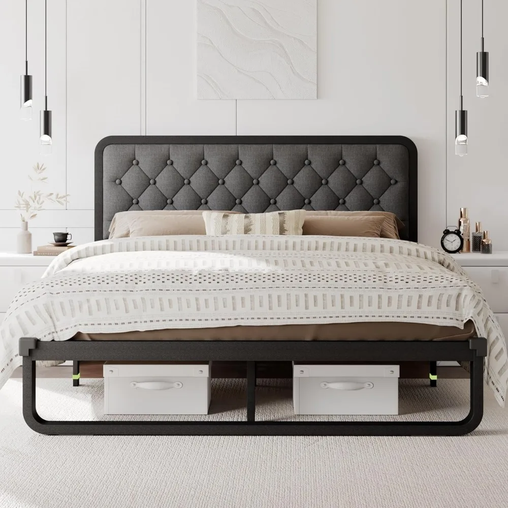 

Bed Frame, Curved Metal Platform Bed Frame with Linen Upholstered Headboard, 12 Inch Under-Bed Space, No Box Spring Needed