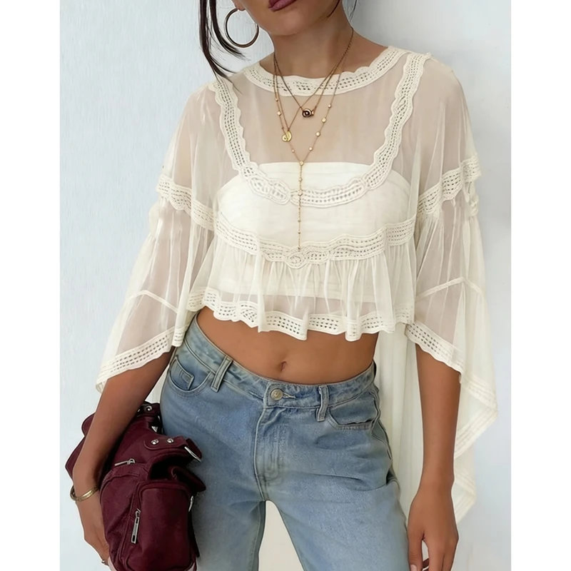 

Женская блузка-накидка Y2K с асимметричным подолом, вышивкой, прозрачная, с рукавами «летучая мышь»