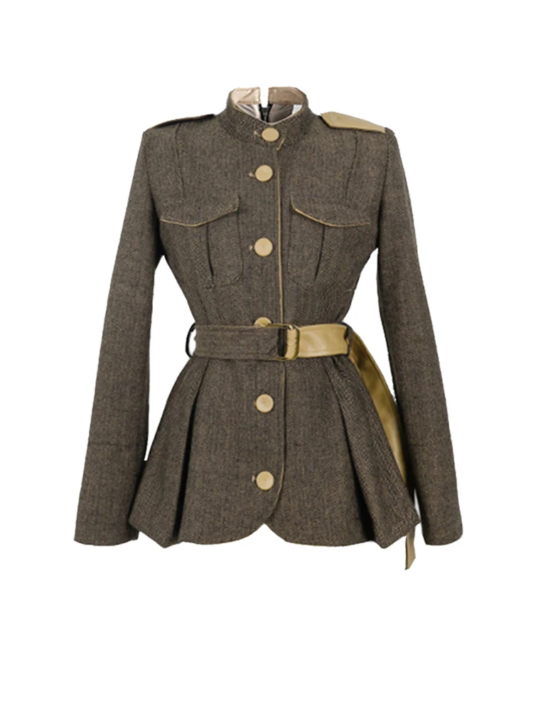 Elegant Office Women Short Jacket Coat Casual Vintage Stripe Single Breasted Belt Slim Lady Femme Mujer Autumn Winter Outerwear