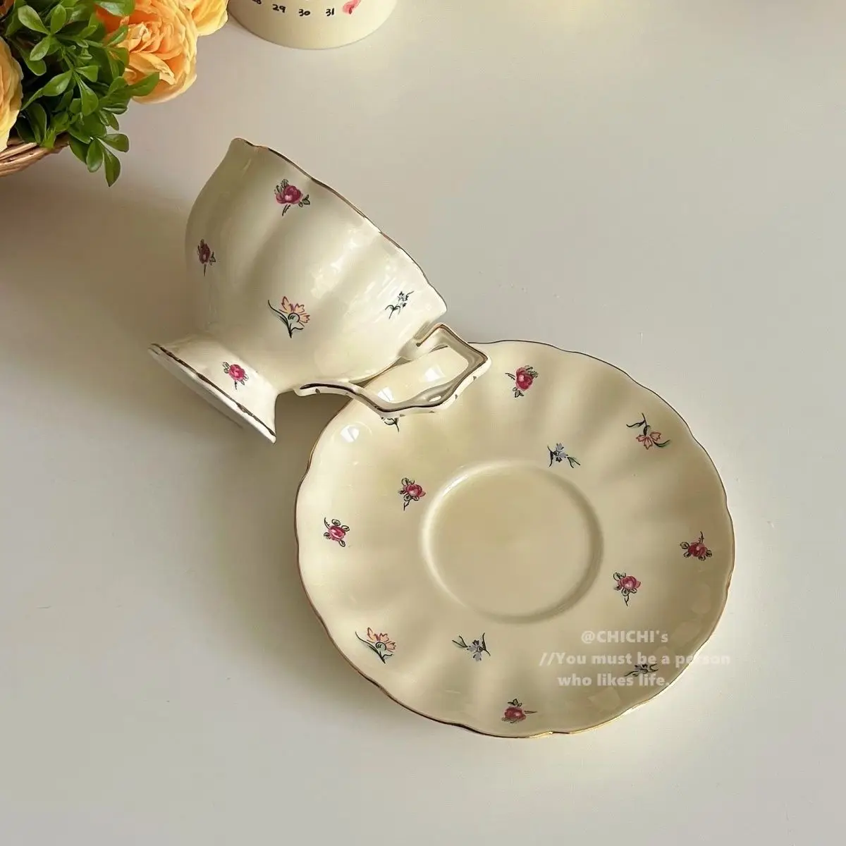 Ceramic Tea Cups Plate Set  Exquisite Afternoon Tea Coffee Cup Cream Color High Beauty Household Mug Birthday Gift 250ml