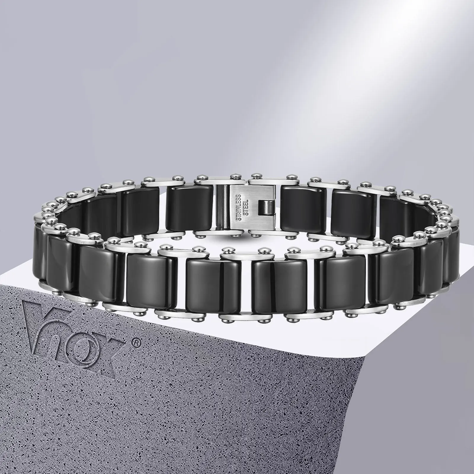 

Vnox Luxury 11.3mm Black Ceramics Chain Bracelet for Men, Rock Punk Stainless Steel Bicycle Links Wristband Dad Fathers Day Gift