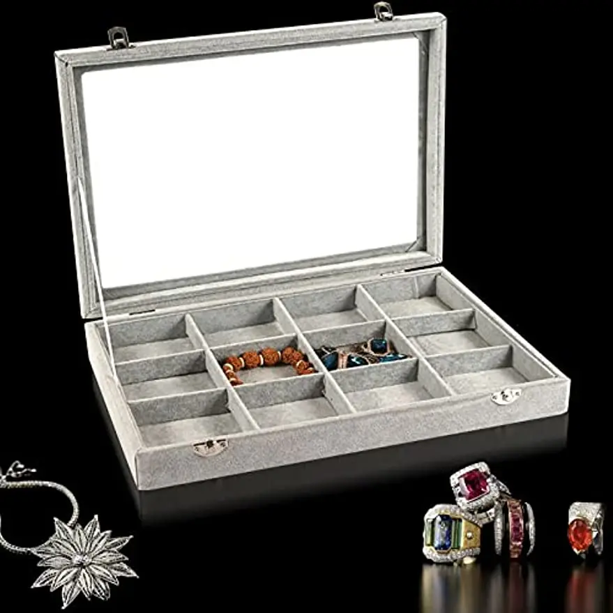 12Grid Grey Rectangular Jewelry Storage Box Earrings Ring Jewelry Box