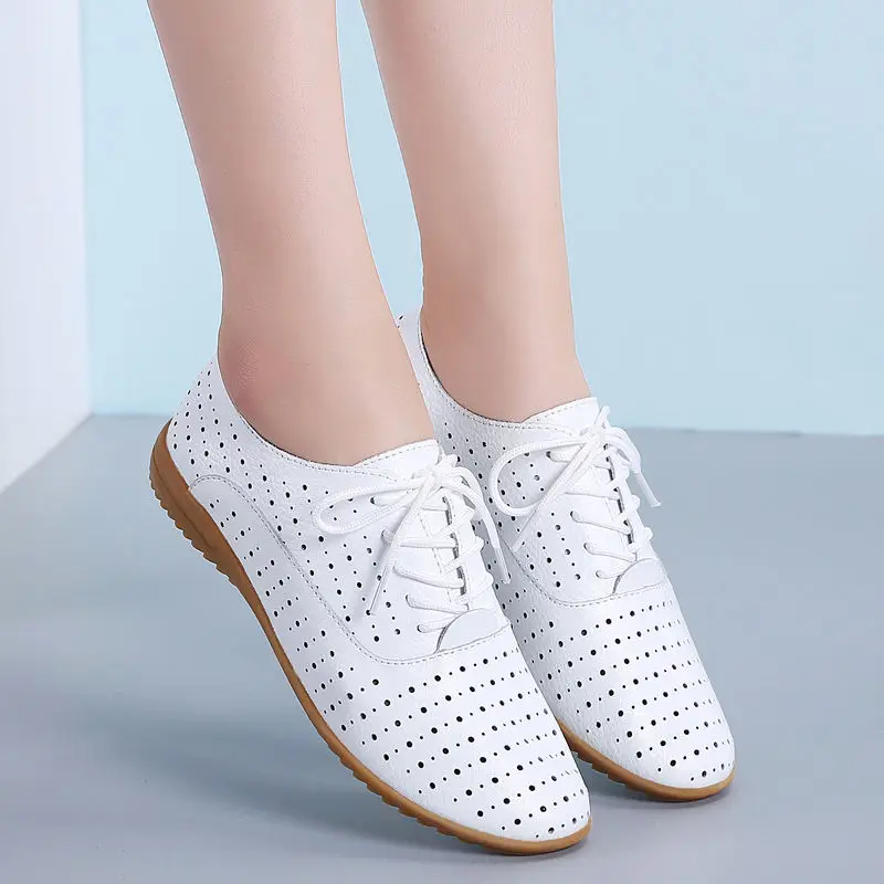 Summer Breathable Hollow White Shoes Women Flats Shoes Genuine Leather Women Sneakers Shoes Lace Up Loafers Soft Oxford Shoes