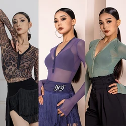 Long Sleeves Mesh Ballroom Dance Tops Women Modern Dancing Top Adults Rumba Samba Latin Dance Bodysuit Practice Wear DWY9374