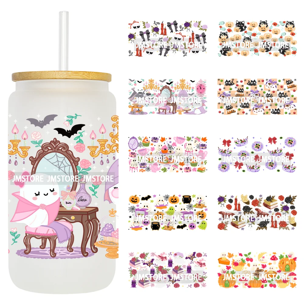 

Coquette Halloween Bow Spooky Boo Ghouls Pumpkin UV DTF Wraps Transfer Sticker Waterproof High Quality For 16OZ Libbey Glass Can