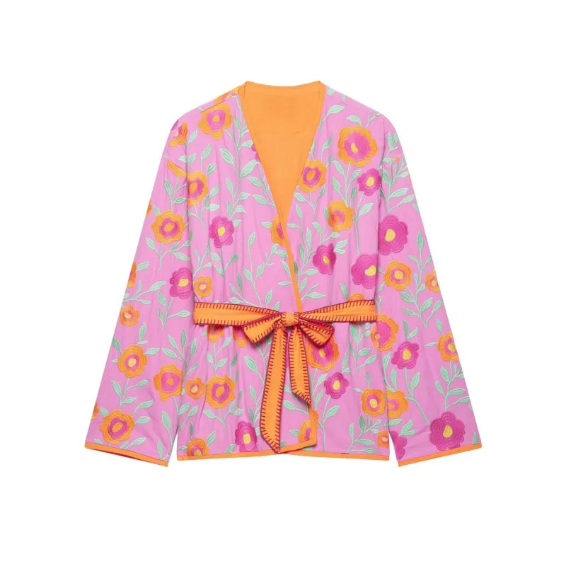 HipSeam Women's Kimono Jacket with Belt New 2026 Autumn Floral Embroidery Long Sleeve V Neck Woman Jacket Chic Female Outerwear