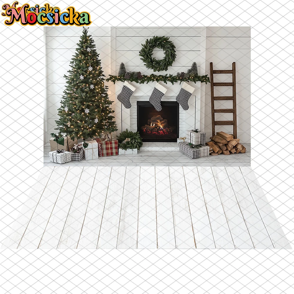 Mocsicka Weihnachten Fotografie Hintergrund Kind Familie Festival Party Hintergrund Home Weihnachtsbaum Weiß Kamin Muster Dekor Banner