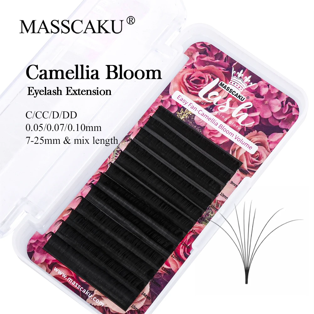 

C CC D DD Curl 0.05mm 0.07mm Hand Made Matte Black Camellia Blooming Lash Extensions 8-20mm Multi-length Easy Fan Volume Eyelash