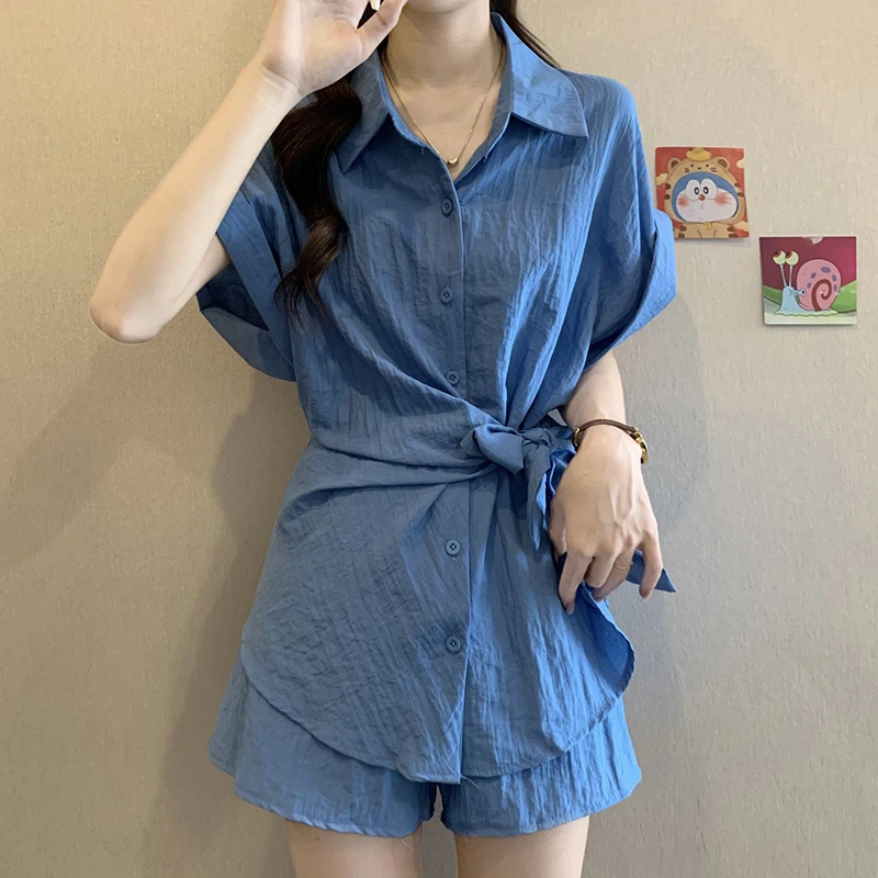 

Large size women's summer lace up waist design slim short sleeved shirt casual shorts commute temperament two-piece set