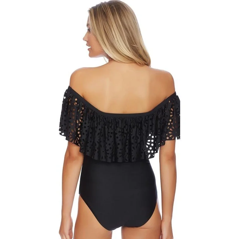 Czarny Sexy Off The Shoulder solidna wzburzyć jednoczęściowy strój kąpielowy kobiety wysokiej elastyczna strój kąpielowy Monokini kostiumy kąpielowe