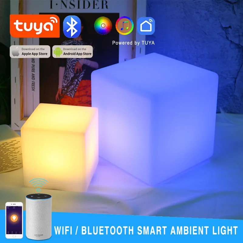 

WiFi Bluetooth Smart RGB Cube Light Controlled by Tuya APP 15/20CM Work with Alexa Voice Control Rechargeable Ambient Night Lamp