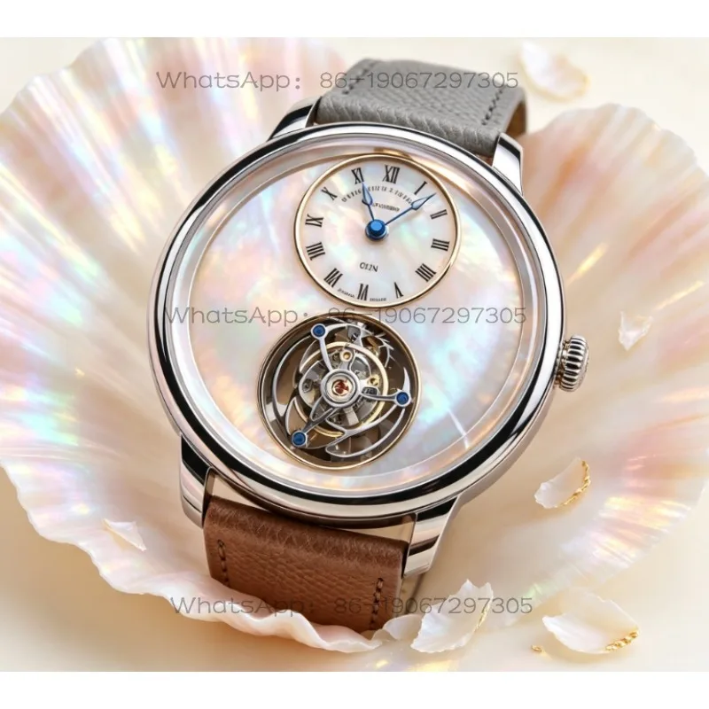 Luxury Men Automatic  Cherry Blossom Flying Tourbillon Mechanical Wristwatch Mother‑of‑Pearl Dial Leather Band Business Male