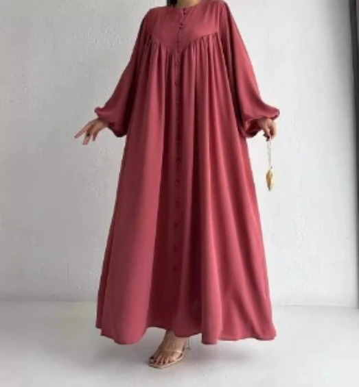 Casual Women's Dress Solid Color O-Neck Oversized Loose Button Shirt Skirt Urban Lantern Sleeves Casual Loose A-Line Long Dress