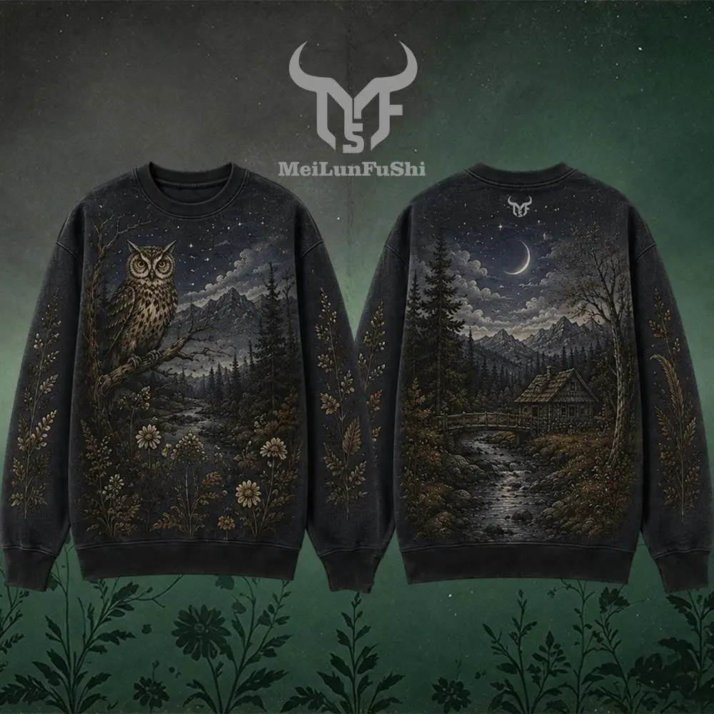 Wilderness Wildlife Print Crew Neck Sweatshirt Men Outdoor Vintage All Over Print Pullover Unisex Casual Street Long-sleeved Top