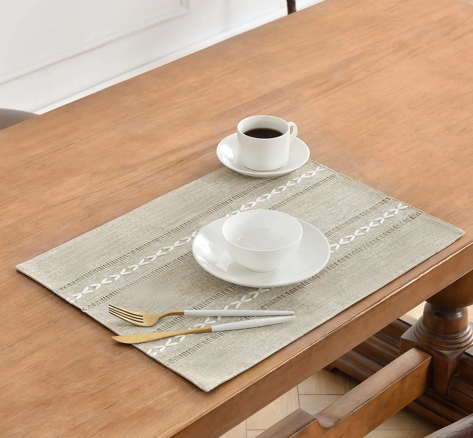 Cotton Linen Placemats, Rustic Hemstitch Place Mats for Kitchen Table, Heat Resistant, 12x20 Inch, Set of 4