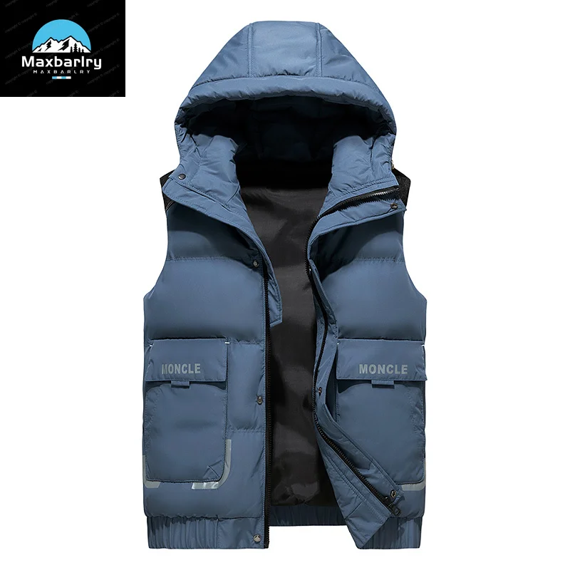 2024 Autumn And Winter New Men's Jacket Shoulder Vest Trend Plush Padded Overalls Men's Fashion Warm Hooded Vest.