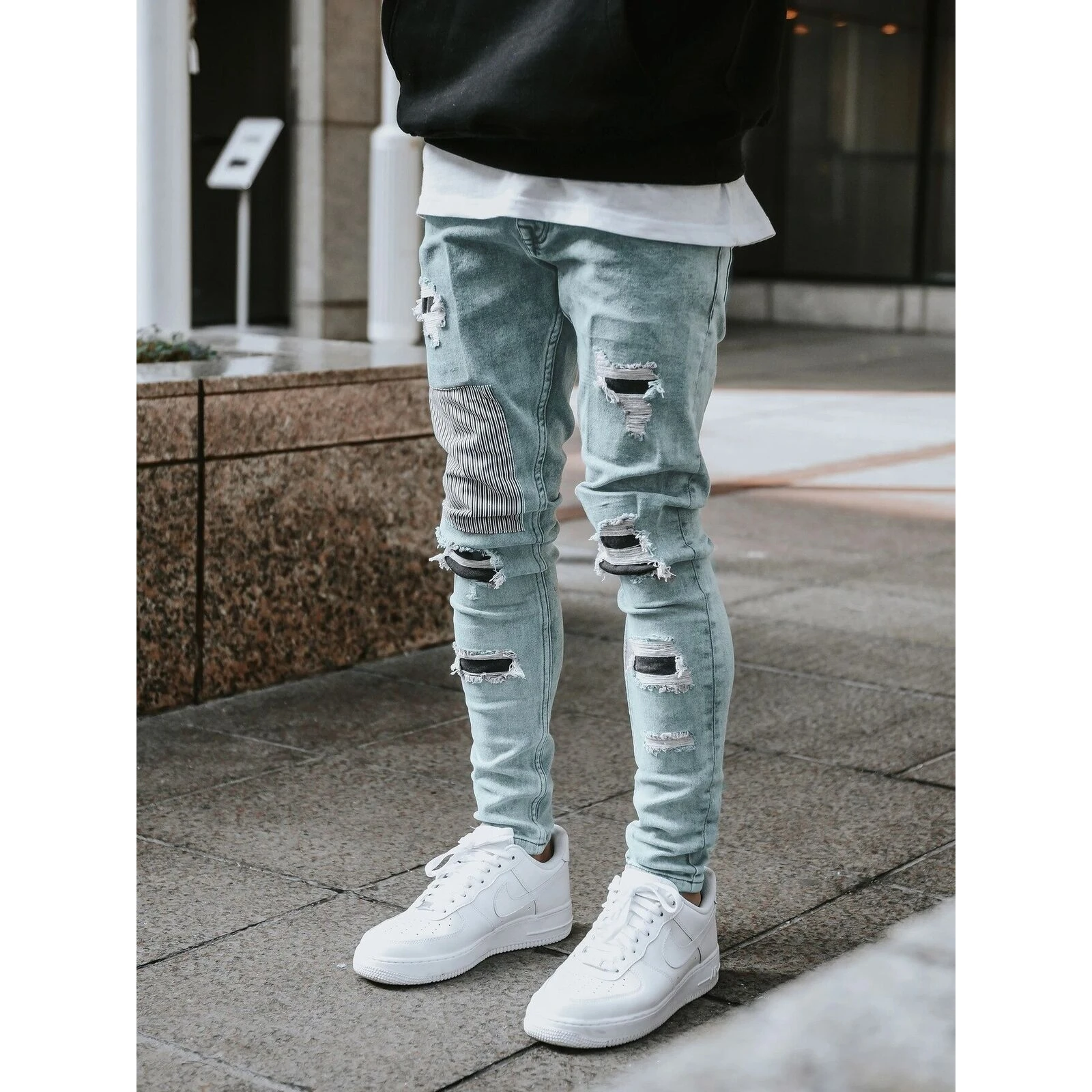 

High Quali Selective Men's Faded Skinny Elastic Jeans Tight Fit Men's Jeans Casual mid Waist Zipper Decorated No Brand