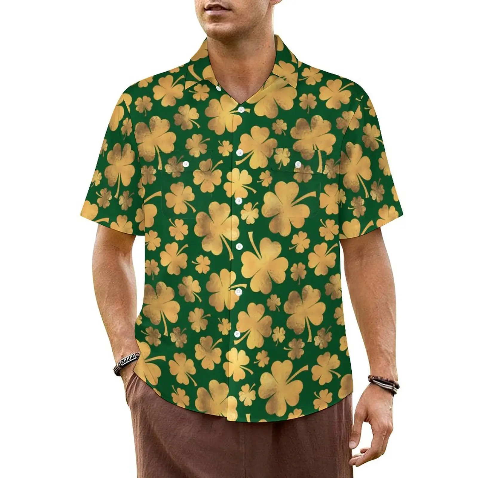 

Hawaiian Shirt Beach St Patricks Day Blouses Gold Foil Shamrocks Retro Casual Shirts Short Sleeve Breathable Plus Size Clothing