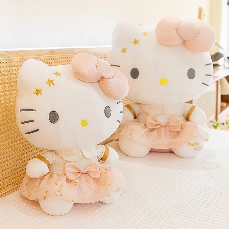 Peluche Kawaii Sanrio Hello Kitty Grande bambola di pezza Simpatico animale riempito Regalo di compleanno per bambini per ragazze Edizione in oro bianco