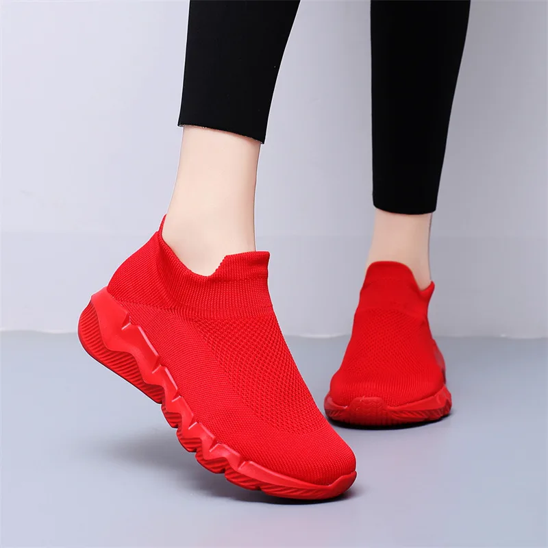 Red Knit Men's Sock Shoes Slip-on Lightweight Casual Sneakers Unisex Big Size 48 Non-slip Comfortable Sport Shoes Women Sneakers