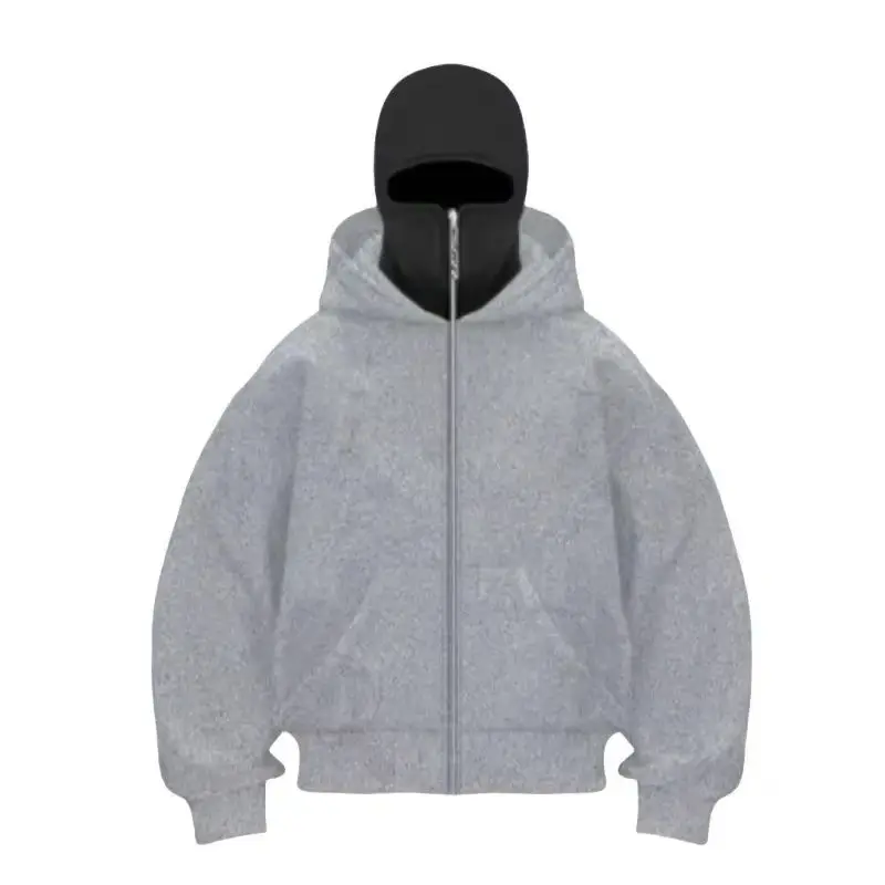 2026 Spring/Autumn New Men's Hip Hop Windproof Mask Zipper Double Hat Hooded Sweatshirt Street Trendy Loose Solid Color Coat