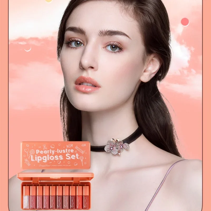 ลิปสติกเนื้อลิควิดประกายมุก 10 ชิ้น กันน้ำ ติดทนนาน ลิปกลอสเนื้อฉ่ำวาว ชุ่มชื้น ไม่หลุดลอก ชุดลิปกลอสขนาดพกพา