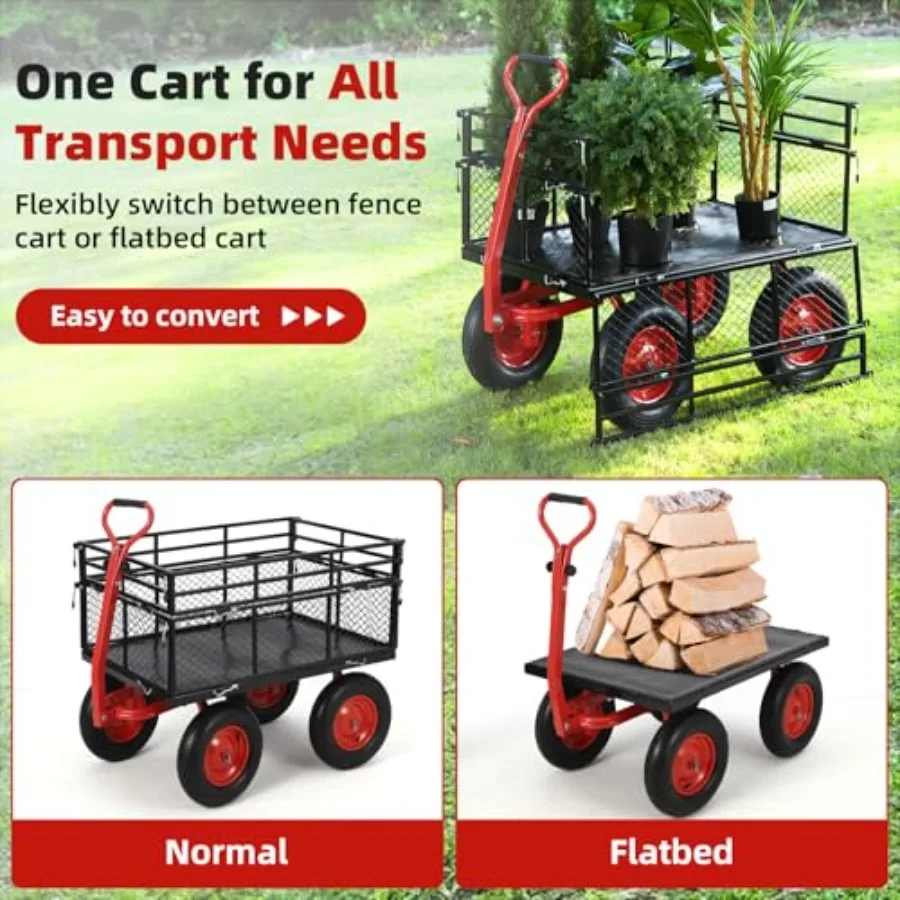 1400 lbs Steel Garden Cart, Heavy Duty Metal Yard Utility Wagon with Removable Mesh Sides, 2-in-1 180° Rotating Handle and 16 i