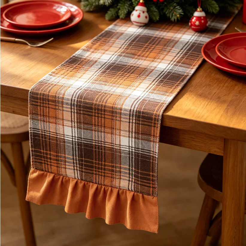 Christmas Plaid Table Runner with Red Ruffle, Vintage Green Tartan Table Runner Xmas Holiday Dining Table Decor Home Party Decor