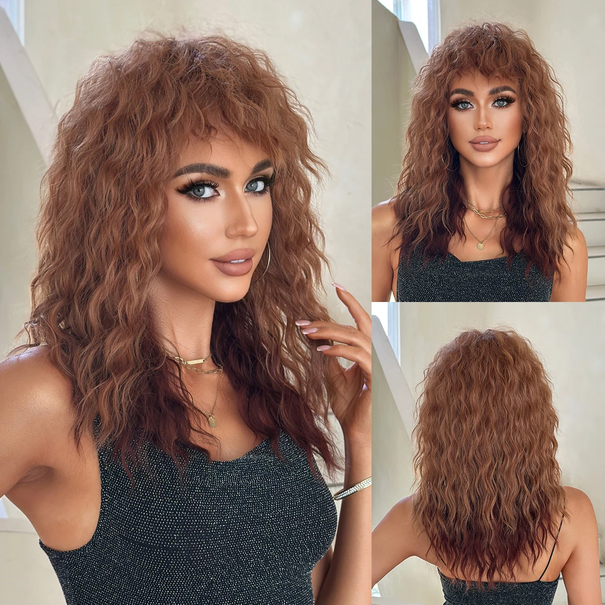 

NAMM Women'S Shoulder-Length Water Wave Brown Wig with Air Bangs - High Density Synthetic Heat-Resistant Fiber Wig