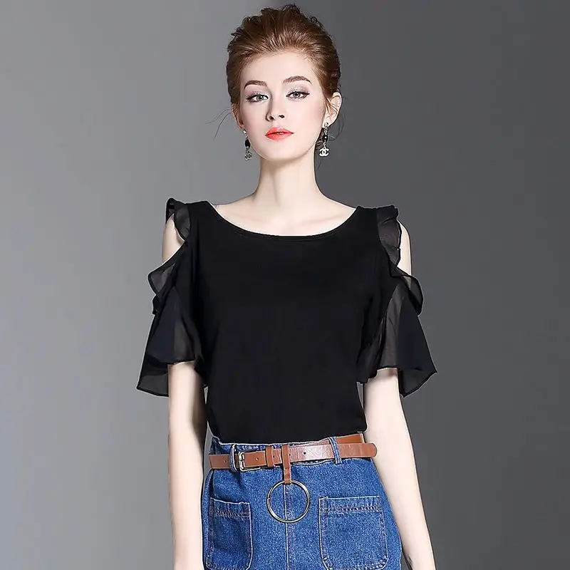 Nieuw zomershirt zwarte chiffon blouse dames elegante high-end uitgeholde ruchemouwen