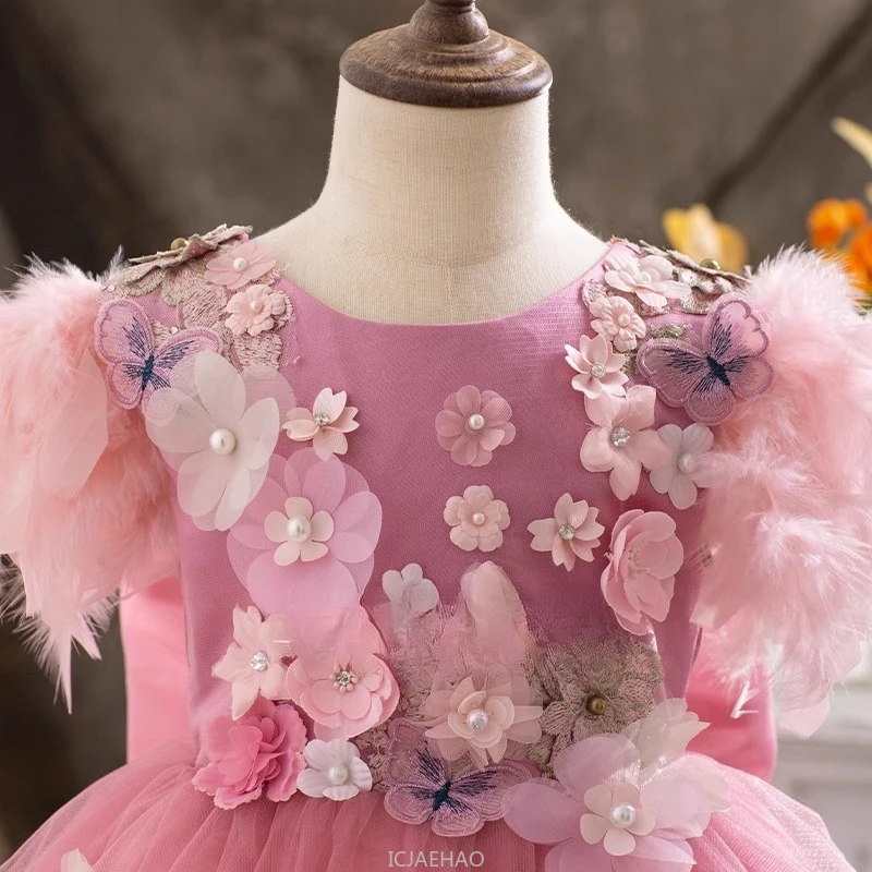 Girls Floral Flower Formal Wedding Dress Feather Lolita Puffy Tulle Princess Gown Party Outfits Matching Birthday Performance