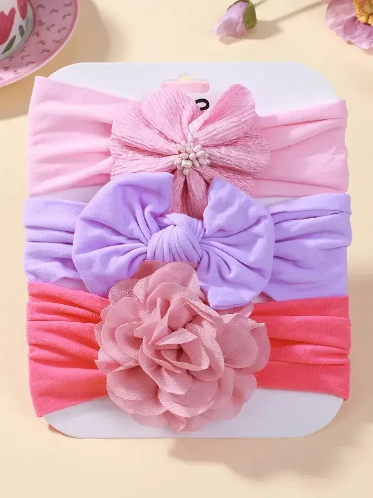 3 pièces/lot bandeaux de bébé en Nylon solide avec dentelle fleur arc bandes de cheveux pour nouveau-né beignets mignon mode enfants chapeaux