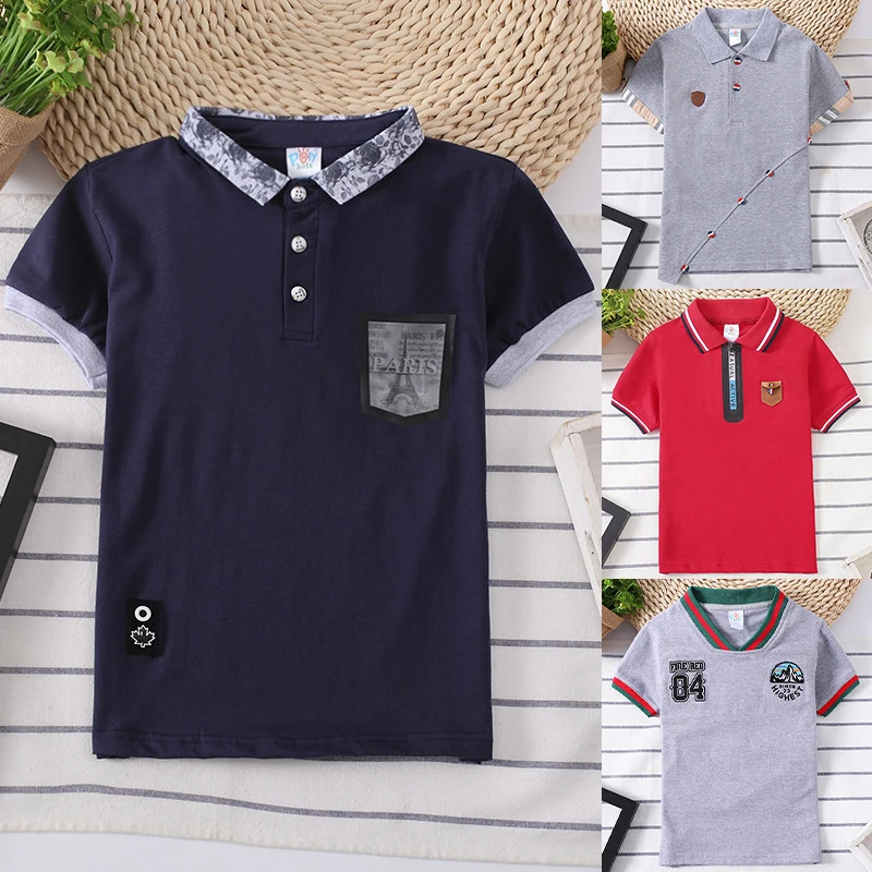 

Boys New T-shirt Summer Stripe Plaid T shirt Girls cotton Clothes England Style Tees Kids Turn-down Collar Children's Clothing