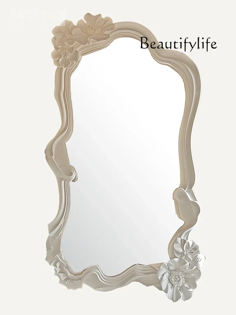 

French Style Three-Dimensional Carved Wall Hanging Mirror Living Room Entrance Decorative Mirror Cream Style Full-Length Mirror