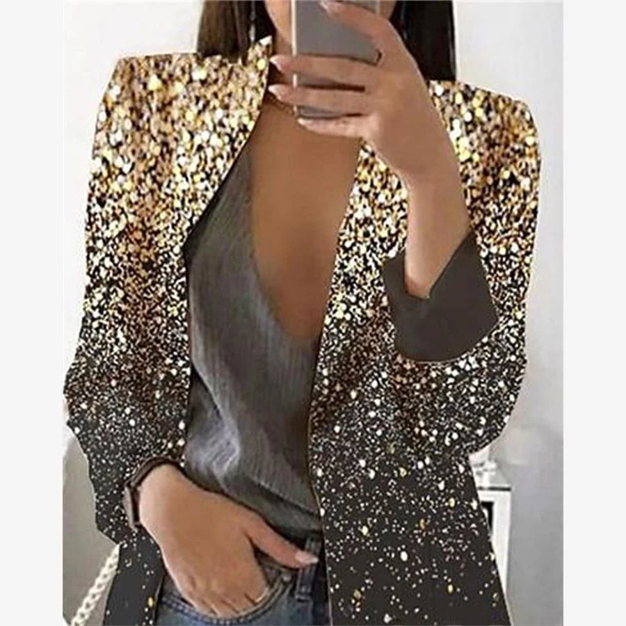 Flash Powder Print Long Sve Lapel Collar  Women's Business Suit Jacket Commute Style Slim Fit Polyester Spring 2023