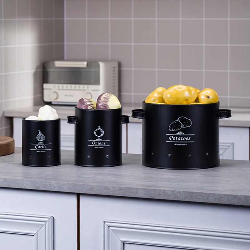 

3Pcs Metal Storage Bucket Set With 360-Degree Ventilation System Large Capacity Multipurpose Garlic Potato Storage Box