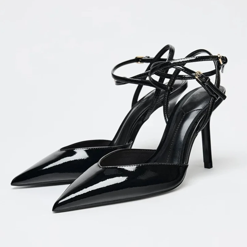 

Black Patent Leather Sexy High Heels Women Elegant Ankle Strap Hollow Mules Sandals Comfort Office Designer Shoes Pumps Ladies