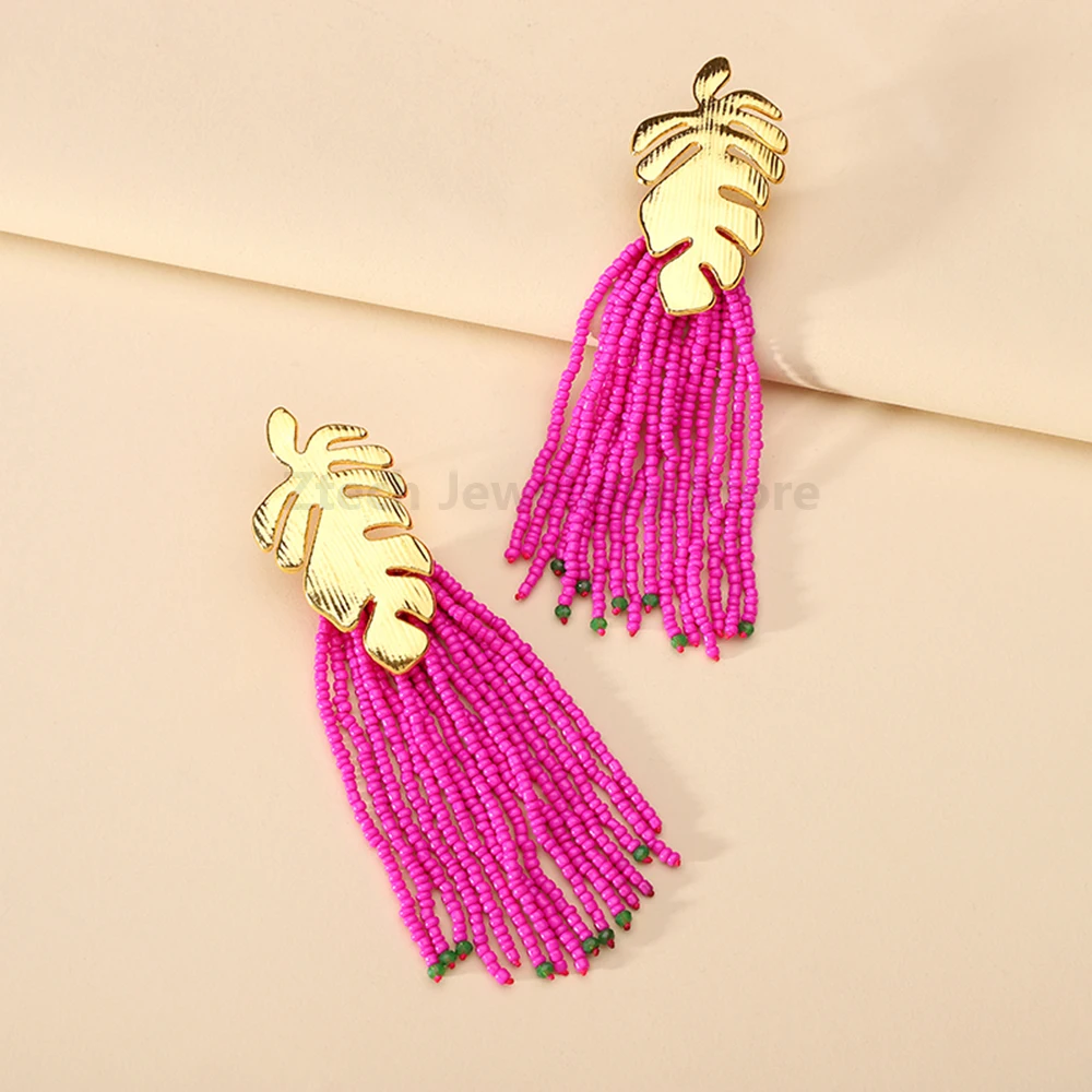 Metal Leaf Tassel Beaded Charm Decor Long Dangle Earrings For Women Luxury Charm Particular Holiday Pendant Jewelry Accessories