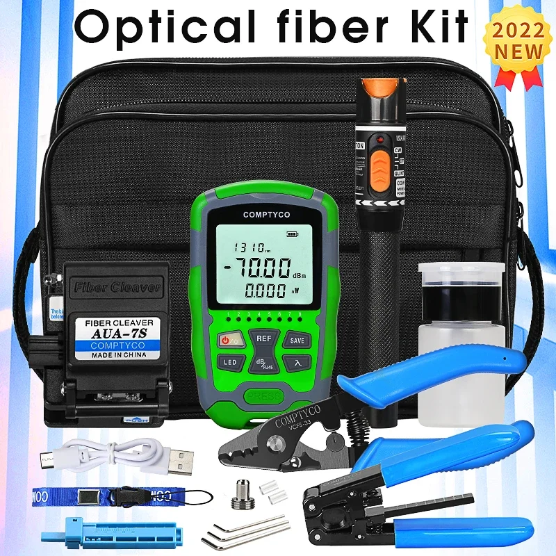 FTTH Fiber Optic Tool Kit with AUA-7S Fiber Cleaver -70~+10dBm AUA-MC7 3 in 1 Mini Optical Power 10mw Meter Visual Fault Locator