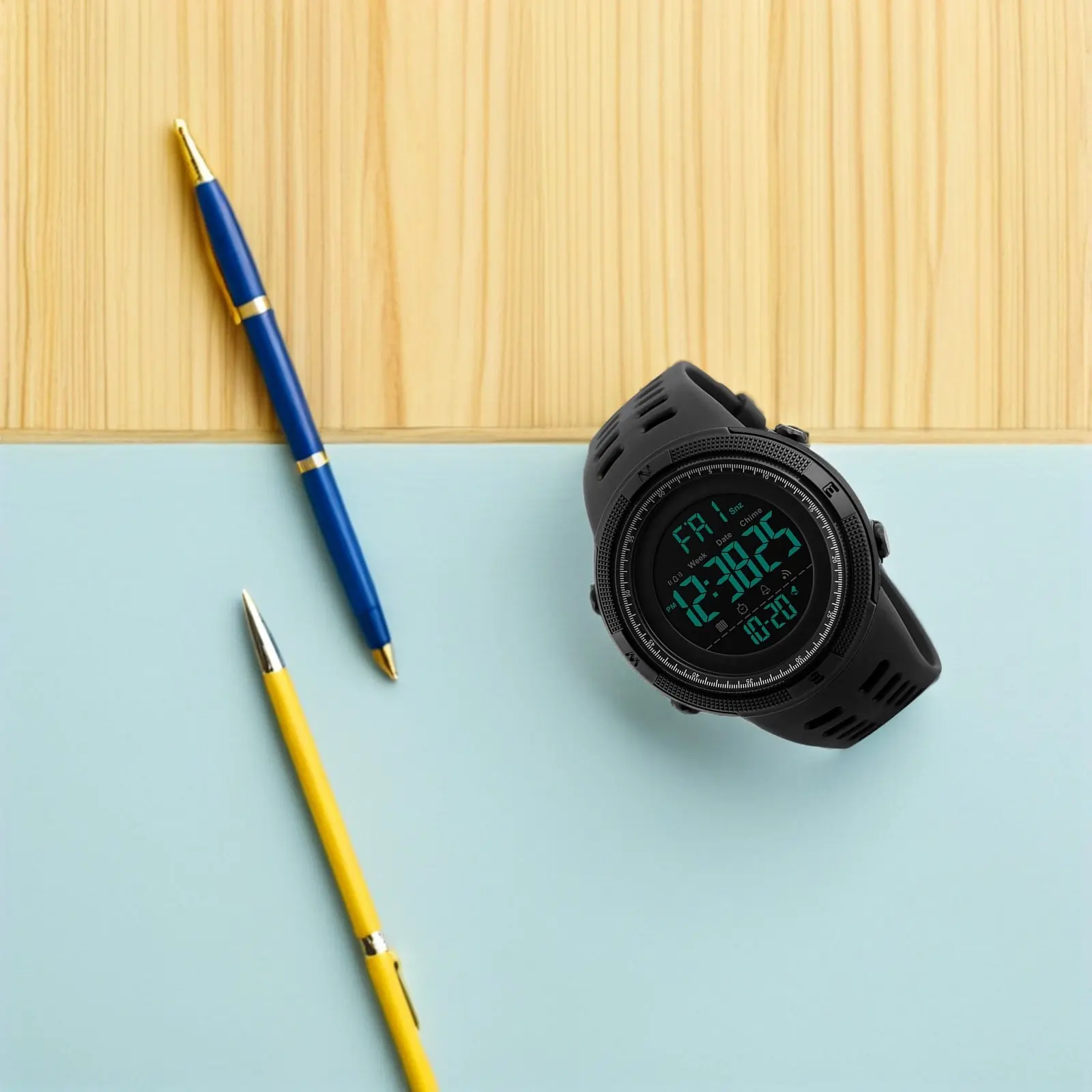 

Мужские цифровые часы класса люкс с круглым циферблатом, подсветкой, водонепроницаемостью до 50 м для плавания, стильные, с застежкой из нержавеющей стали и полимерным ремешком