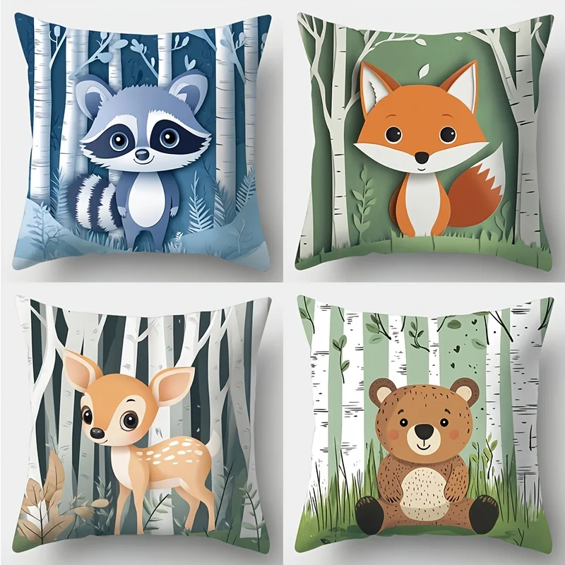 

Набор из 4-х наволочек с принтом. Мультяшный рисунок с изображением лесных животных, подходит для украшения комнаты, гостиной и дивана.